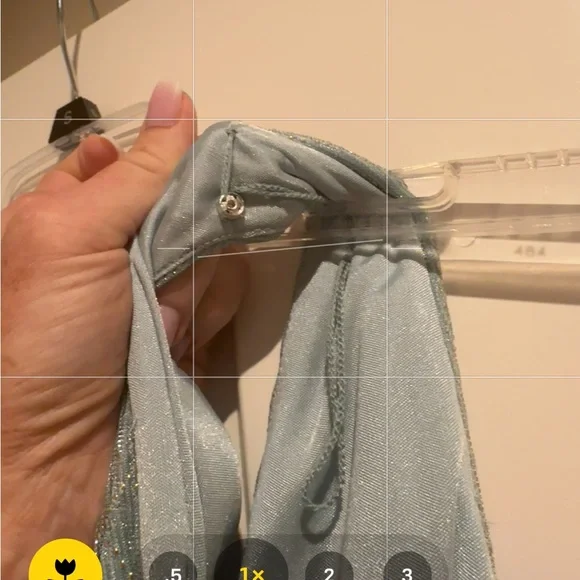 Adrianna Pappel gown, Smoke Mint. Mesh, cascade ruffle, high/low hem. - Picture 5 of 6